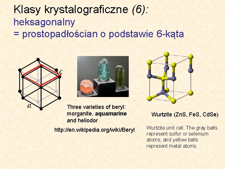 Klasy krystalograficzne (6): heksagonalny = prostopadłościan o podstawie 6 -kąta Three varieties of beryl: