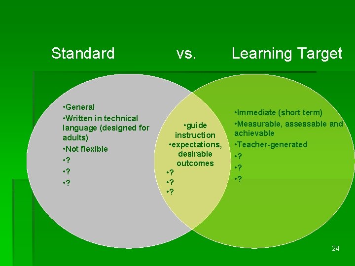 Standard vs. Learning Target • General • Written in technical language (designed for adults)