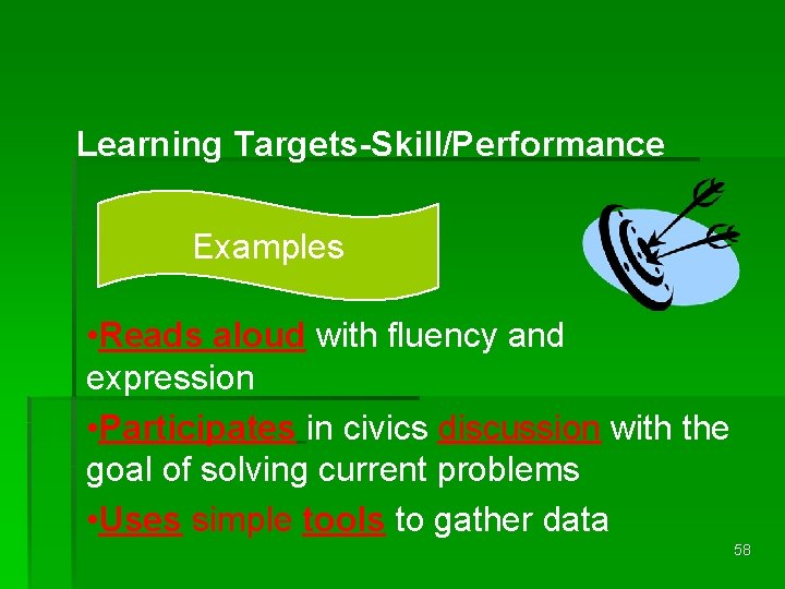Learning Targets-Skill/Performance Examples • Reads aloud with fluency and expression • Participates in civics