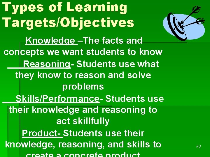 Types of Learning Targets/Objectives Knowledge –The facts and concepts we want students to know