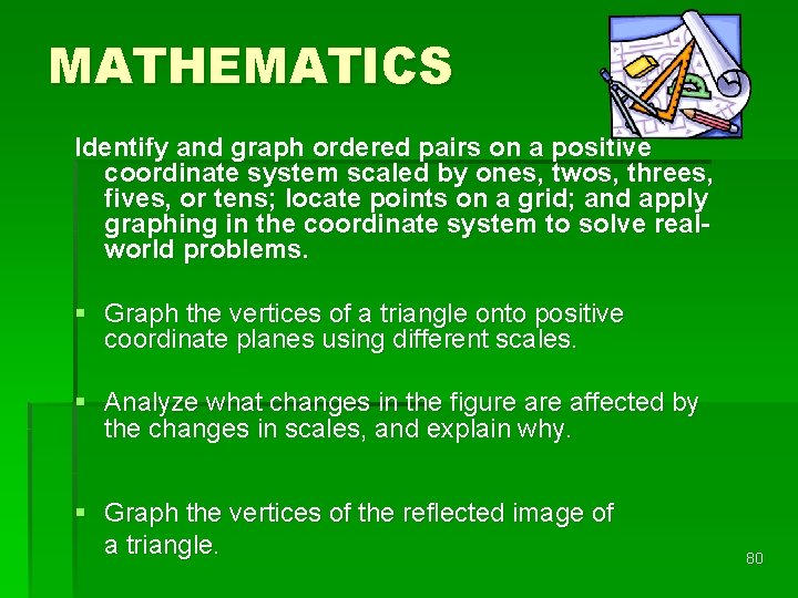 MATHEMATICS Identify and graph ordered pairs on a positive coordinate system scaled by ones,