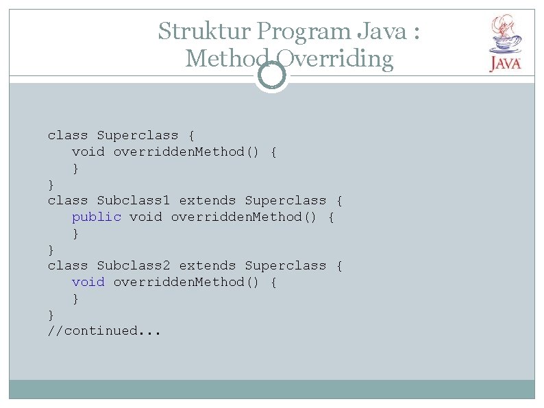 Struktur Program Java : Method Overriding class Superclass { void overridden. Method() { }