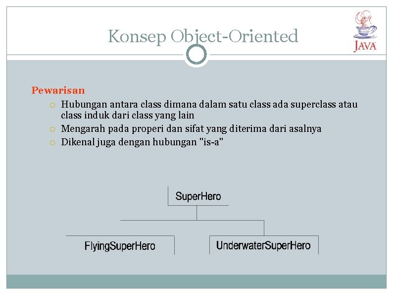 Konsep Object-Oriented Pewarisan Hubungan antara class dimana dalam satu class ada superclass atau class