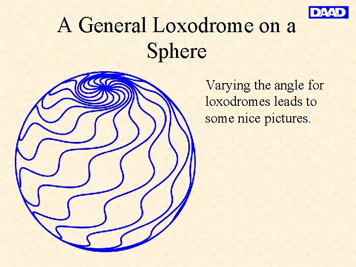 A General Loxodrome on a Sphere Varying the angle for loxodromes leads to some