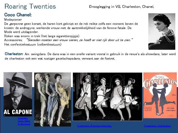 Roaring Twenties Drooglegging in VS, Charleston, Chanel, Coco Chanel: Modepionier De garçonne: geen korset,