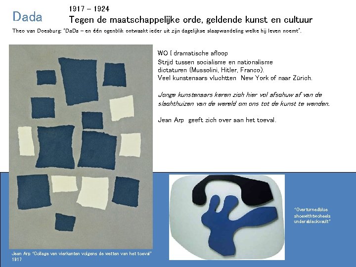 Dada 1917 – 1924 Tegen de maatschappelijke orde, geldende kunst en cultuur Theo van