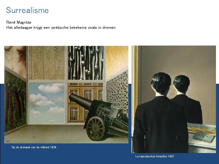 Surrealisme René Magritte Het alledaagse krijgt een poëtische betekenis zoals in dromen. Op de