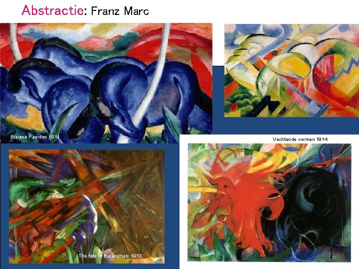 Abstractie: Franz Marc Blauwe Paarden 1911 Vechtende vormen 1914 The fate of the animals