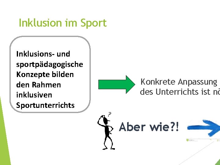Inklusion im Sport Inklusions- und sportpädagogische Konzepte bilden Rahmen inklusiven Sportunterrichts Konkrete Anpassung des