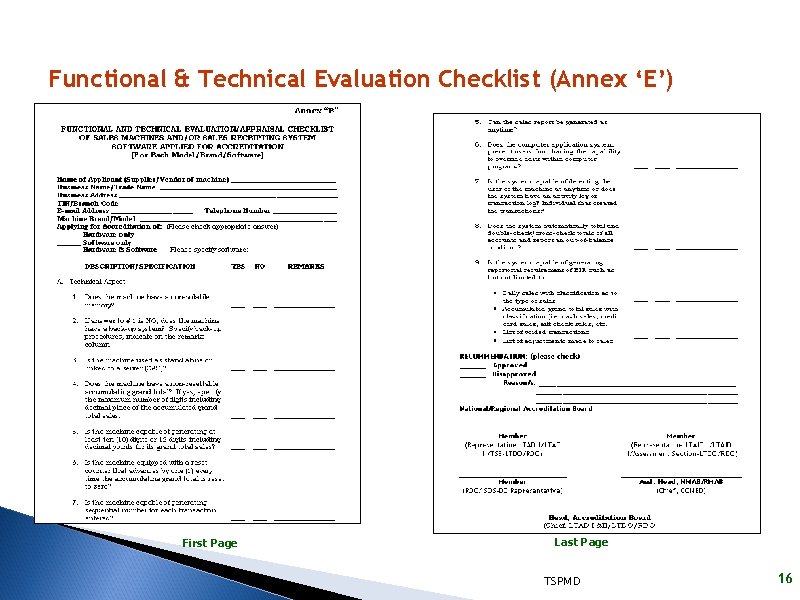 Functional & Technical Evaluation Checklist (Annex ‘E’) First Page Last Page TSPMD 16 