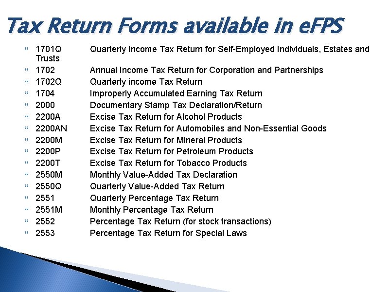 Tax Return Forms available in e. FPS 1701 Q Trusts 1702 Q 1704 2000