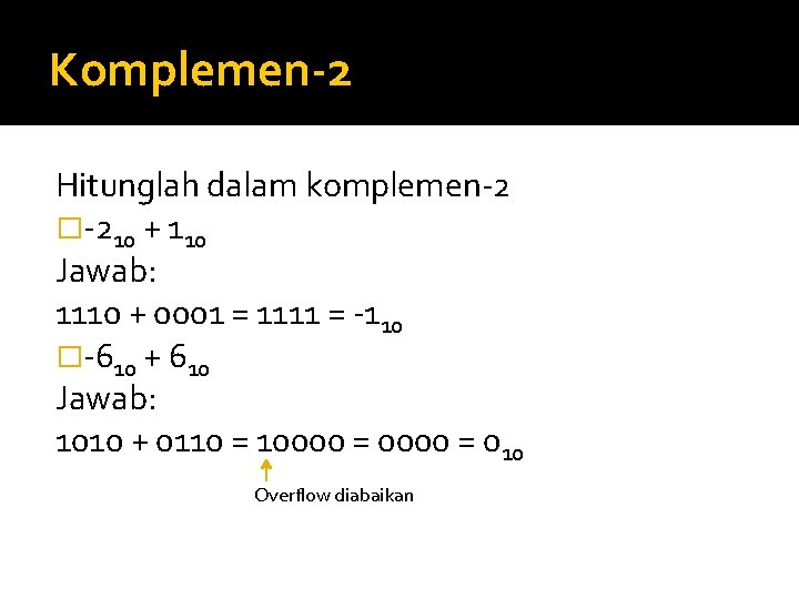 Komplemen-2 Hitunglah dalam komplemen-2 �-210 + 110 Jawab: 1110 + 0001 = 1111 =