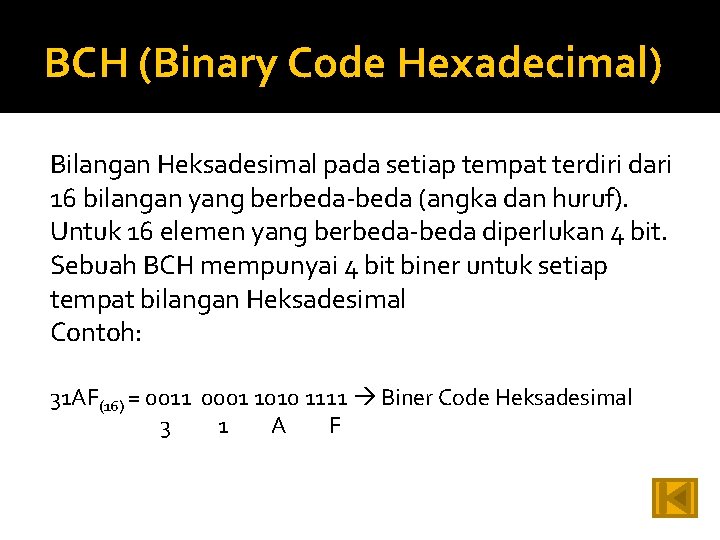 BCH (Binary Code Hexadecimal) Bilangan Heksadesimal pada setiap tempat terdiri dari 16 bilangan yang