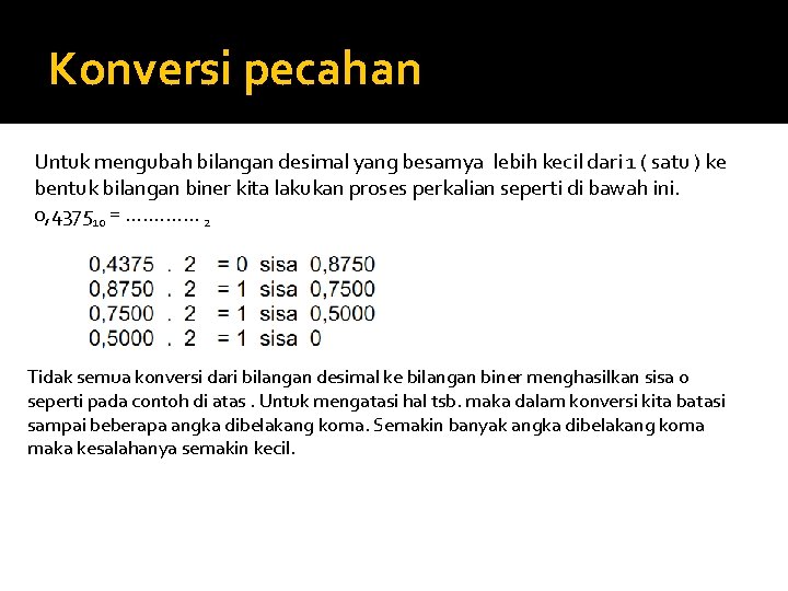 Konversi pecahan Untuk mengubah bilangan desimal yang besarnya lebih kecil dari 1 ( satu