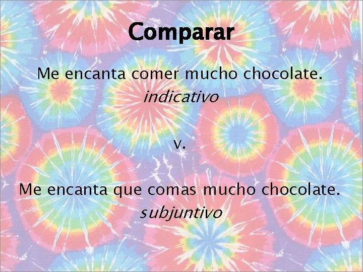 Comparar Me encanta comer mucho chocolate. indicativo v. Me encanta que comas mucho chocolate.
