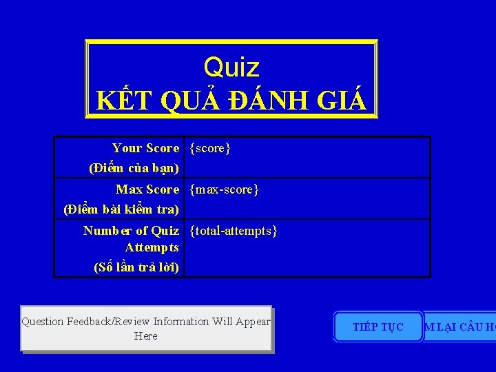 Quiz KẾT QUẢ ĐÁNH GIÁ Your Score {score} (Điểm của bạn) Max Score {max-score}