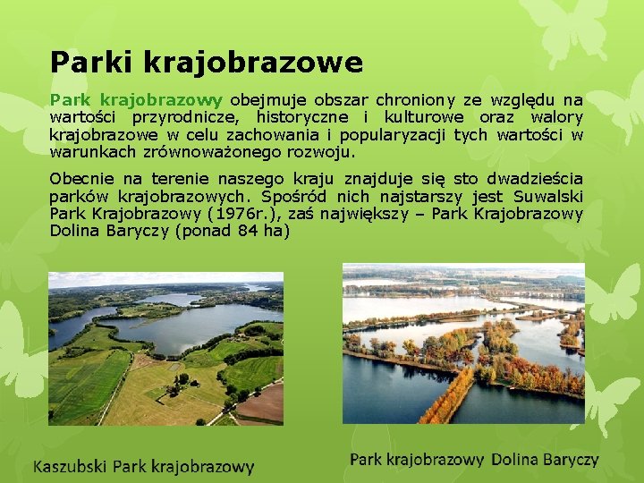 Parki krajobrazowe Park krajobrazowy obejmuje obszar chroniony ze względu na wartości przyrodnicze, historyczne i