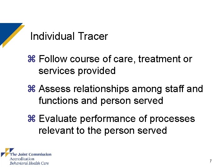 Individual Tracer z Follow course of care, treatment or services provided z Assess relationships