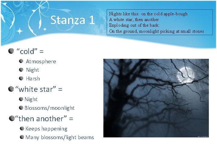 Stanza 1 “cold” = Atmosphere Night Harsh “white star” = Night Blossoms/moonlight “then another”