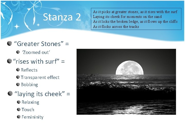 Stanza 2 “Greater Stones” = ‘Zoomed out’ “rises with surf” = Reflects Transparent effect