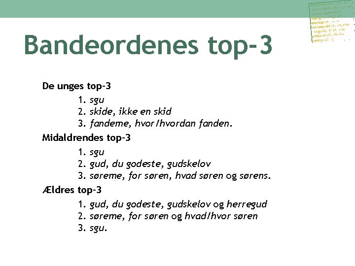 Bandeordenes top-3 De unges top-3 1. sgu 2. skide, ikke en skid 3. fandeme,