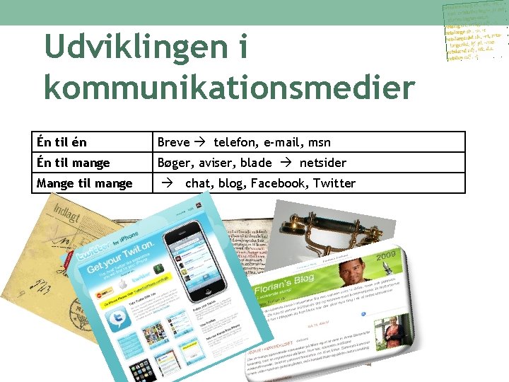 Udviklingen i kommunikationsmedier Én til én Breve telefon, e-mail, msn Én til mange Bøger,