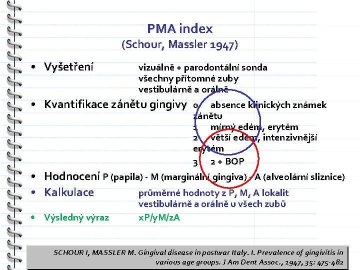 PMA index (Schour, Massler 1947) • Vyšetření • vizuálně + parodontální sonda všechny přítomné
