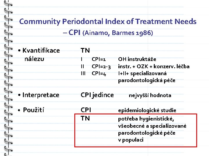 Community Periodontal Index of Treatment Needs – CPI (Ainamo, Barmes 1986) • Kvantifikace nálezu