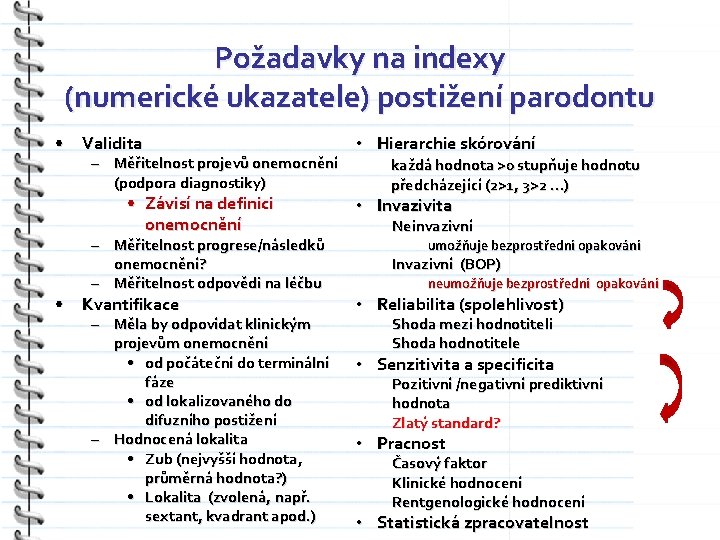 Požadavky na indexy (numerické ukazatele) postižení parodontu • Validita – Měřitelnost projevů onemocnění (podpora