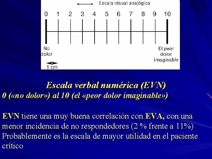 Escala verbal numérica (EVN) 0 ( «no dolor» ) al 10 (el «peor dolor