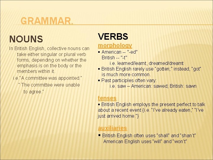 GRAMMAR. NOUNS VERBS In British English, collective nouns can take either singular or plural