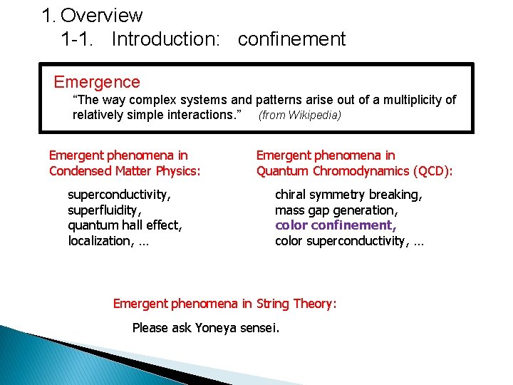 1. Overview 1 -1. Introduction: confinement Emergence “The way complex systems and patterns arise