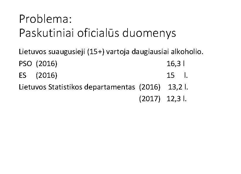 Problema: Paskutiniai oficialūs duomenys Lietuvos suaugusieji (15+) vartoja daugiausiai alkoholio. PSO (2016) 16, 3