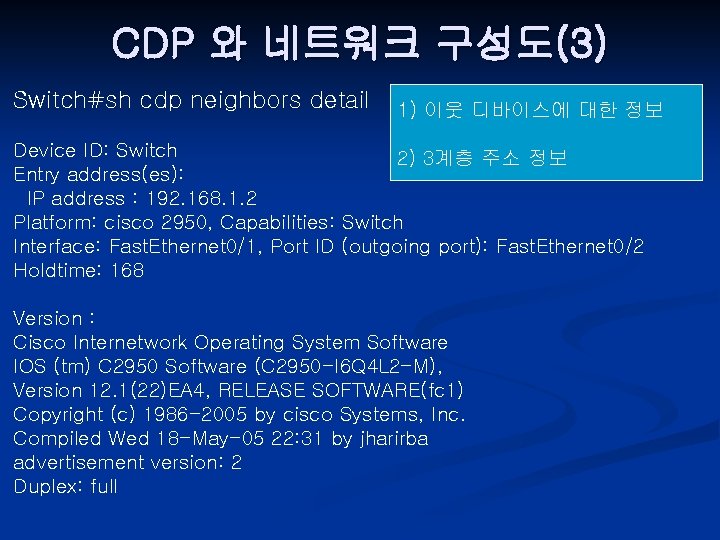 CDP 와 네트워크 구성도(3) Switch#sh cdp neighbors detail 1) 이웃 디바이스에 대한 정보 Device