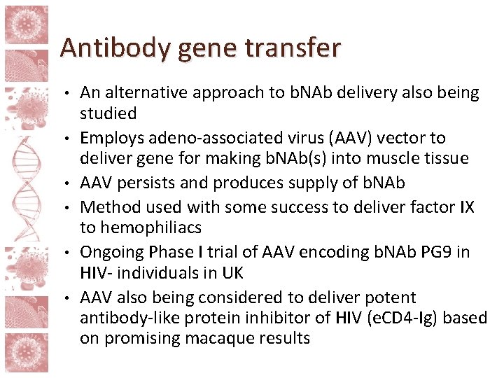 Antibody gene transfer • • • An alternative approach to b. NAb delivery also