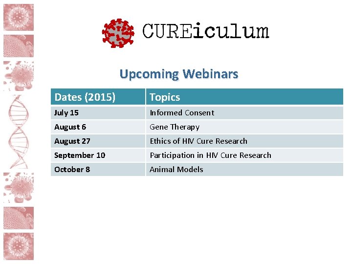 Upcoming Webinars Dates (2015) Topics July 15 Informed Consent August 6 Gene Therapy August