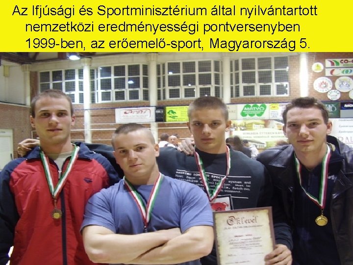 Az Ifjúsági és Sportminisztérium által nyilvántartott nemzetközi eredményességi pontversenyben 1999 -ben, az erőemelő-sport, Magyarország
