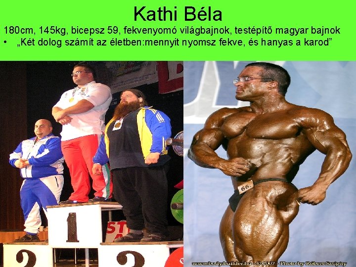 Kathi Béla 180 cm, 145 kg, bicepsz 59, fekvenyomó világbajnok, testépítő magyar bajnok •