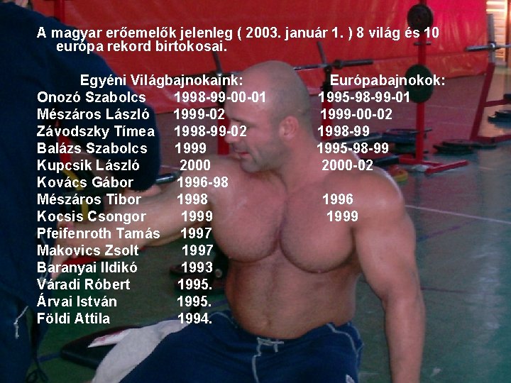 A magyar erőemelők jelenleg ( 2003. január 1. ) 8 világ és 10 európa