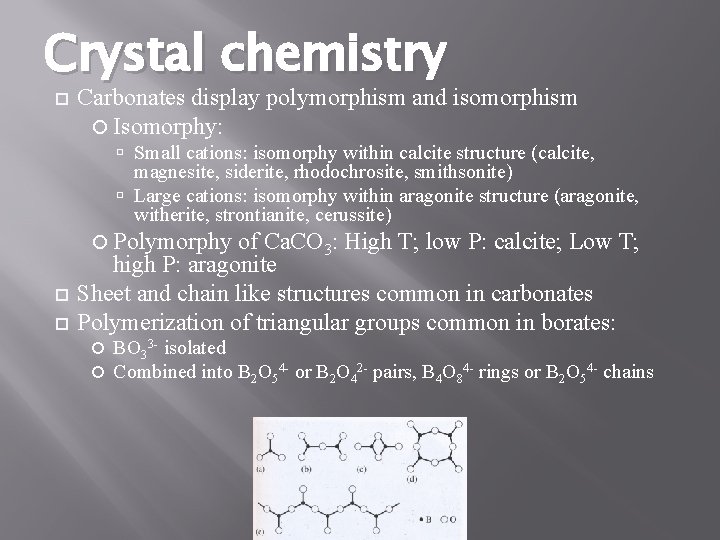 Crystal chemistry Carbonates display polymorphism and isomorphism Isomorphy: Small cations: isomorphy within calcite structure