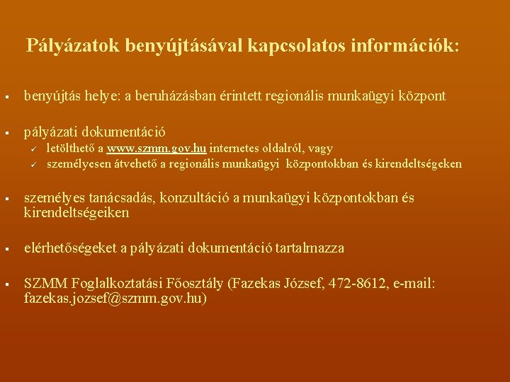 Pályázatok benyújtásával kapcsolatos információk: § benyújtás helye: a beruházásban érintett regionális munkaügyi központ §