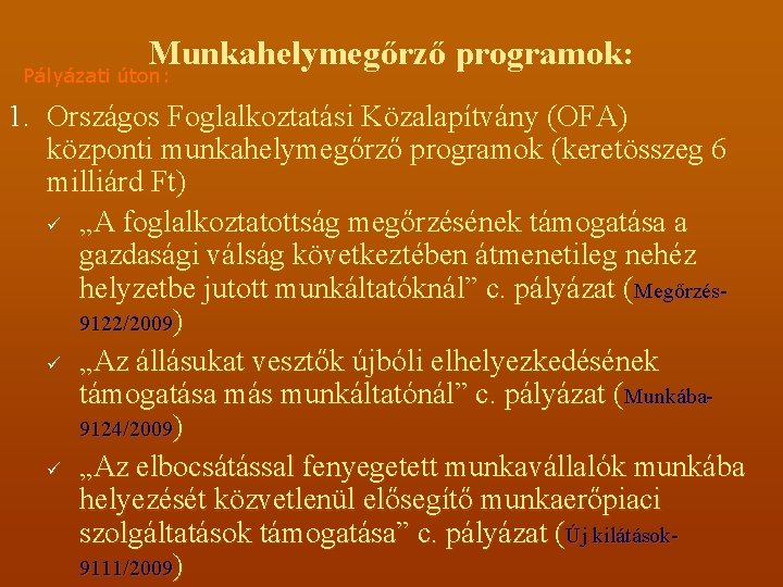 Munkahelymegőrző programok: Pályázati úton: 1. Országos Foglalkoztatási Közalapítvány (OFA) központi munkahelymegőrző programok (keretösszeg 6