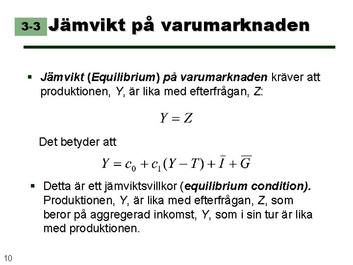 3 -3 Jämvikt på varumarknaden Jämvikt (Equilibrium) på varumarknaden kräver att produktionen, Y, är