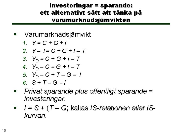 Investeringar = sparande: ett alternativt sätt att tänka på varumarknadsjämvikten Varumarknadsjämvikt 1. 2. 3.