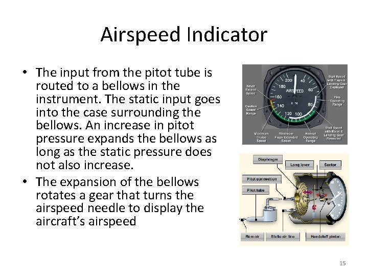 Airspeed Indicator • The input from the pitot tube is routed to a bellows