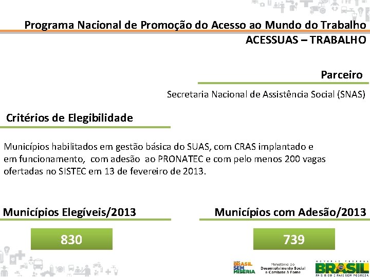 Programa Nacional de Promoção do Acesso ao Mundo do Trabalho ACESSUAS – TRABALHO Parceiro