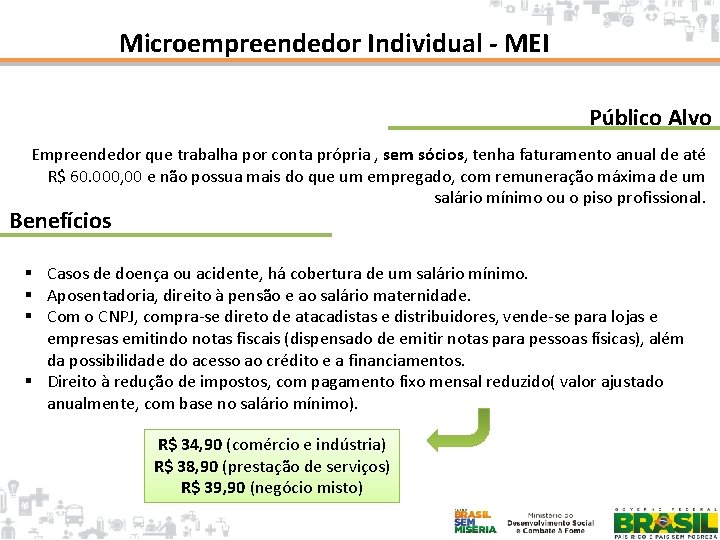 Microempreendedor Individual - MEI Público Alvo Empreendedor que trabalha por conta própria , sem