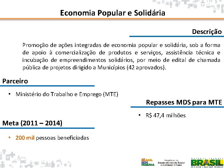 Economia Popular e Solidária Descrição Promoção de ações integradas de economia popular e solidária,