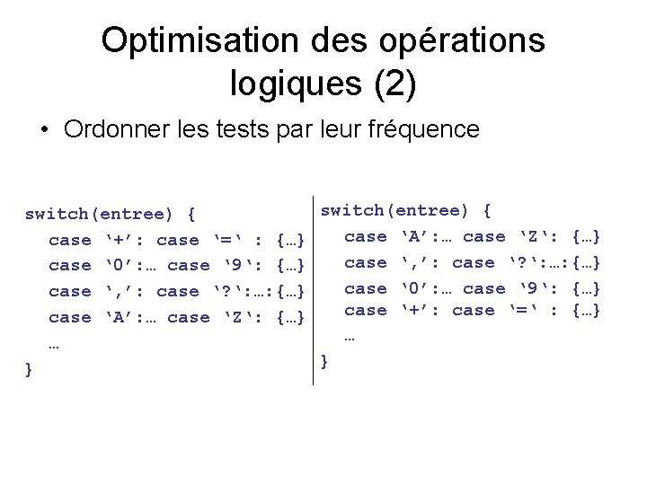 Optimisation des opérations logiques (2) • Ordonner les tests par leur fréquence switch(entree) {