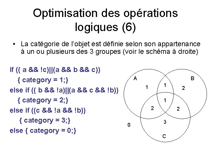 Optimisation des opérations logiques (6) • La catégorie de l’objet est définie selon son